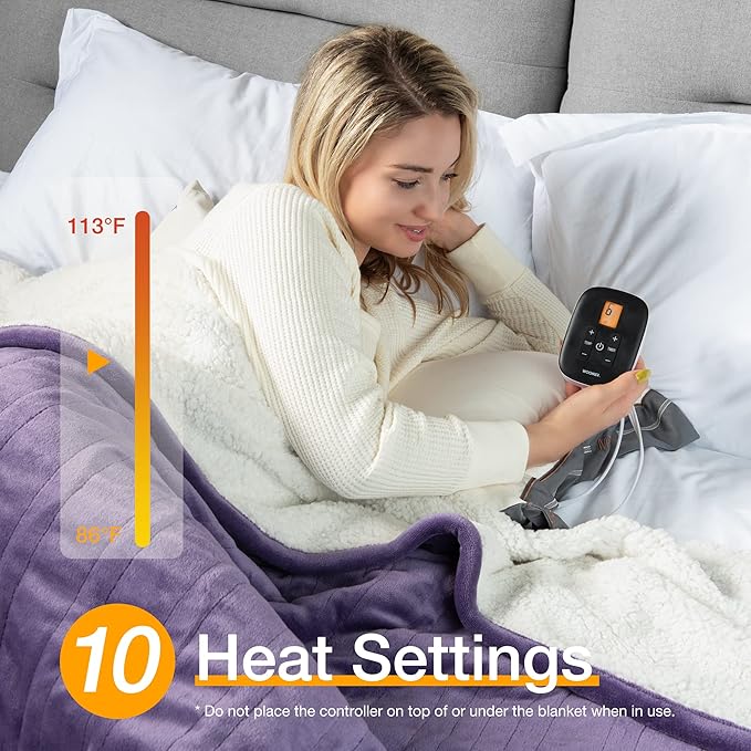 WOOMER [5-Year Warranty Electric Blanket Full Size,Durable Flannel and Soft Sherpa,Dual Control,77”×84” Heated Throw Blanket, 10 Heat Levels&0.5-12h auto-Off,Energy Efficient,ETL Certified