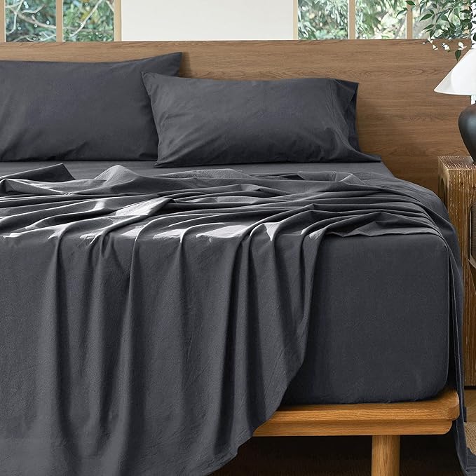 MooMee Bedding Sheet Set 100% Washed Cotton Linen Like Textured Breathable Durable Soft Comfy (Solid Deep Grey, King)