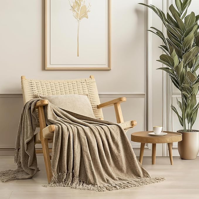 EVERGRACE Soft Chenille Throw Blanket for Couch, Cozy Plush Fuzzy Decorative Chenille Knit Throw Blanket with Tassels, Lightweight Blanket and Throws for Bed Sofa Gift Home Decor, Beige 50"x60"