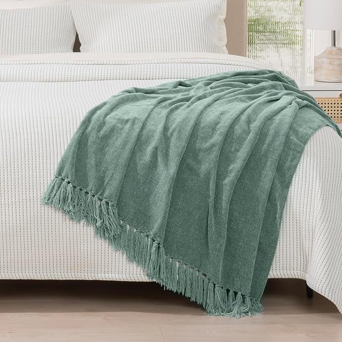 RECYCO Throw Blanket Soft Cozy Chenille Throw Blanket with Fringe Tassel for Couch Sofa Chair Bed Living Room Gift (Sage, 50'' x 60'')
