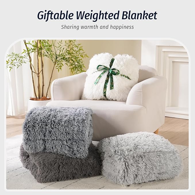 Wemore Shaggy Long Fur Faux Fur Weighted Blanket, Cozy and Plush Sherpa Long Hair Blanket for Adult 15lbs, Fluffy Fuzzy Sherpa Reverse Heavy Blanket for Bed, Couch, Backprint Grey, 48 x 72 Inches