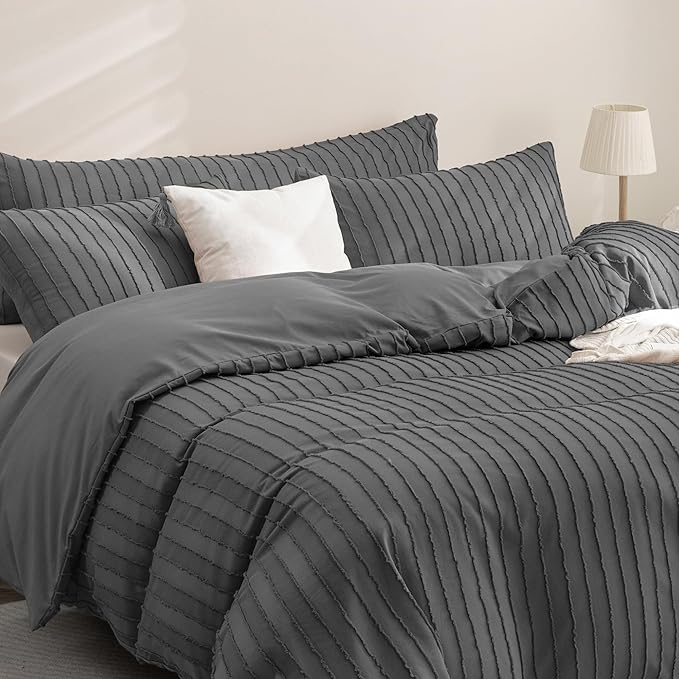 JELLYMONI Duvet Cover Full Size Dark Grey - 3PCS Boho Striped Duvet Cover Set Polyester Tufted Bohemian Textured Comforter Cover 80×90in with Corner Ties & Zipper and 2 Pillowcases