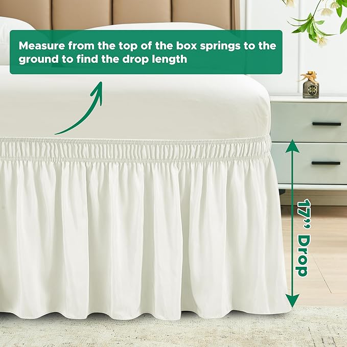 Biscaynebay Wrap Around Bed Skirts for Full & Full XL Beds 17" Long Drop, Ivory Adjustable Elastic Dust Ruffles Easy Fit Wrinkle & Fade Resistant Silky Luxurious Fabric Solid Machine Washable