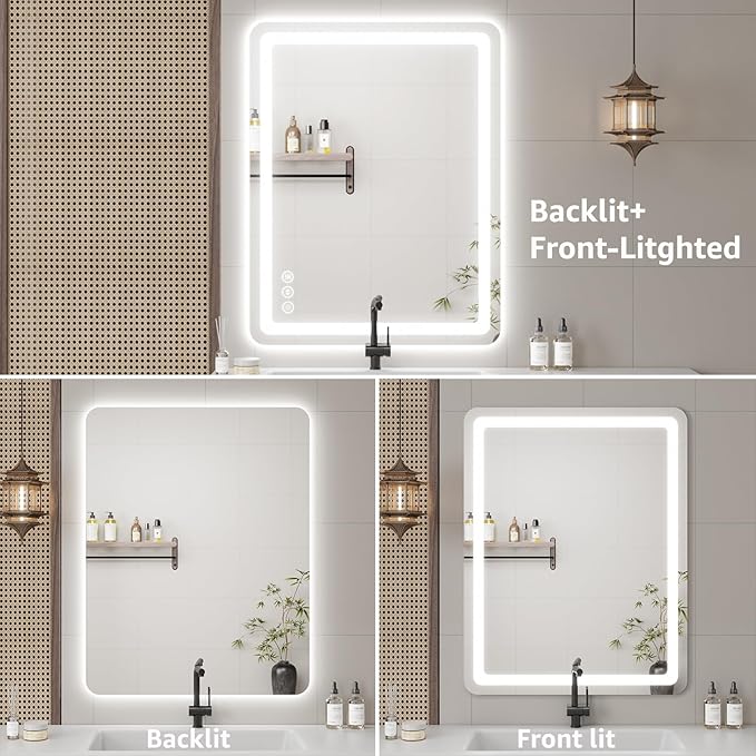 20"L x 28"W Led Bathroom Mirror with Lights, Anti-Fog & Tri-Color Lighting - Wall Mounted Shaving Mirror with Touch Sensor, Waterproof & Smart LED Vanity Mirror,Tempered Glass, Dimmable Smart Mirror