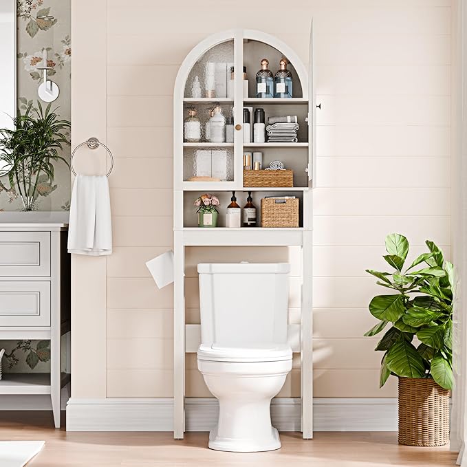 Over The Toilet Storage Cabinet, 23.7”W Modern Storage Cabinet Over Toilet with Acrylic Doors, Arched Freestanding Over Toilet Rack with Adjustable Shelf for Bathroom, Antique White