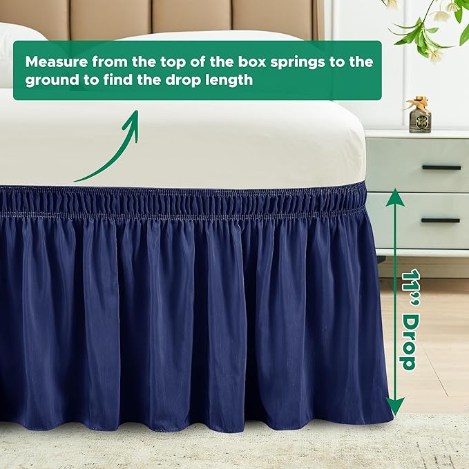 Biscaynebay Wrap Around Bed Skirts for King & Cal King Beds 11" Short Drop, Navy Adjustable Elastic Dust Ruffles Easy Fit Wrinkle Resistant Silky Luxurious Fabric Machine Washable