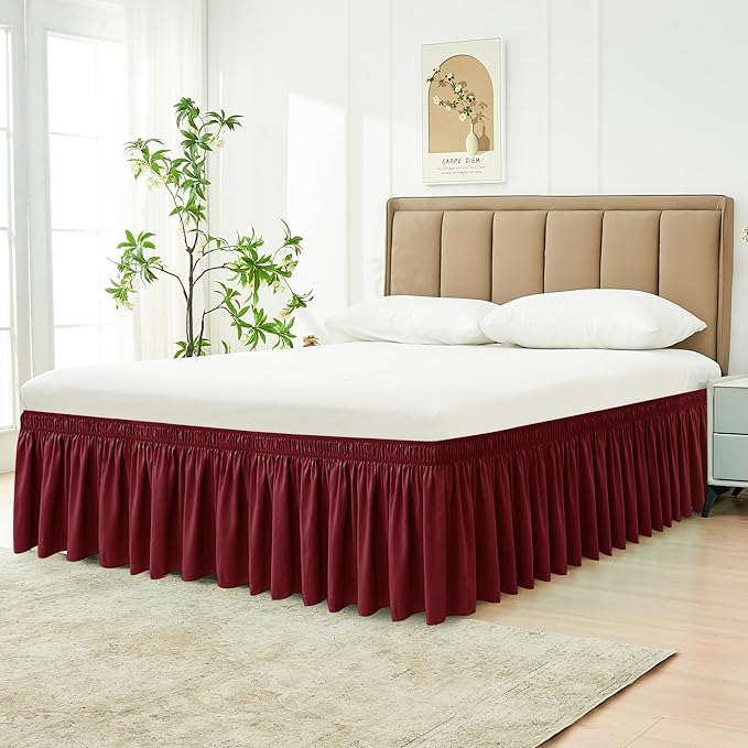 Biscaynebay Wrap Around Bed Skirts for Full & Full XL Beds 16" Drop, Burgundy Adjustable Elastic Dust Ruffles Easy Fit Wrinkle & Fade Resistant Silky Luxurious Fabric Solid Machine Washable