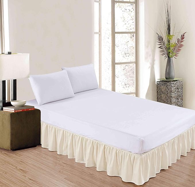 Sheets & Beyond Wrap Around Solid Microfiber Luxury Hotel Quality Fabric Bedroom Gathered Ruffled Bedding Bed Skirt 14 Inch Drop (Twin, Beige)