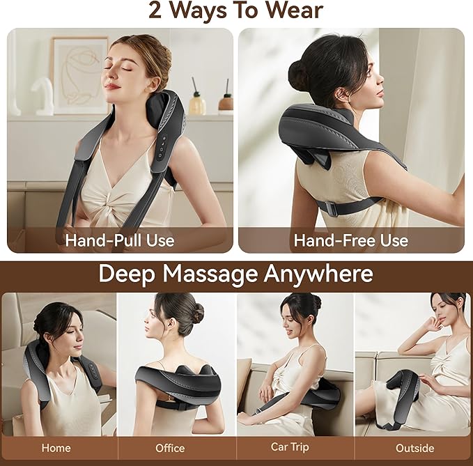 Shiatsu Neck and Shoulder Massager with Heat for Pain Relief Deep Tissue, Portable Massagers for Neck and Back, Gifts for Men and Woman (Black with Leather Handbag)