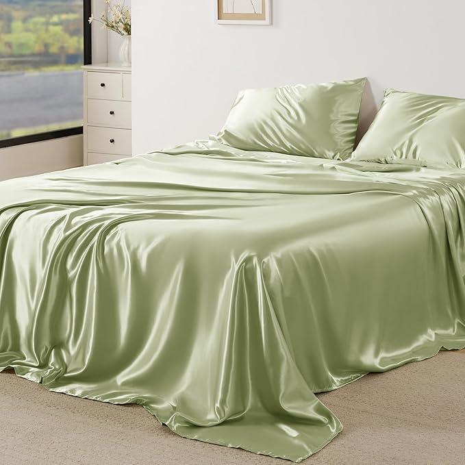 Bedsure Satin Sheets Full Size - 4 Piece Silky Bedsheets with 15 Inches Deep Pocket Fitted Bedsheet,1 Flat Sheet, 2 Satin Pillowcases, Good for Hair & Skin (Full, Sage Green)