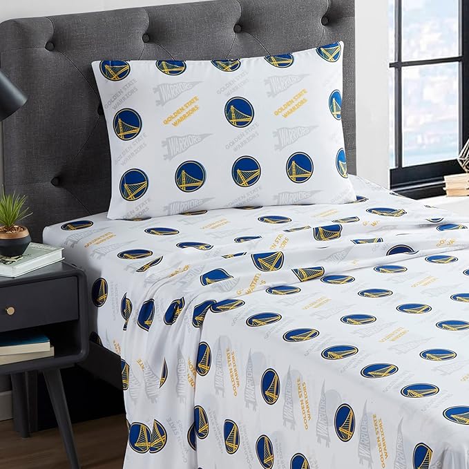 Officially Licensed Golden State Warriors NBA Twin Size Sheet Set – Soft Team Logo Bedding for Dorms, Bedrooms, Fan Caves & Game Day Style