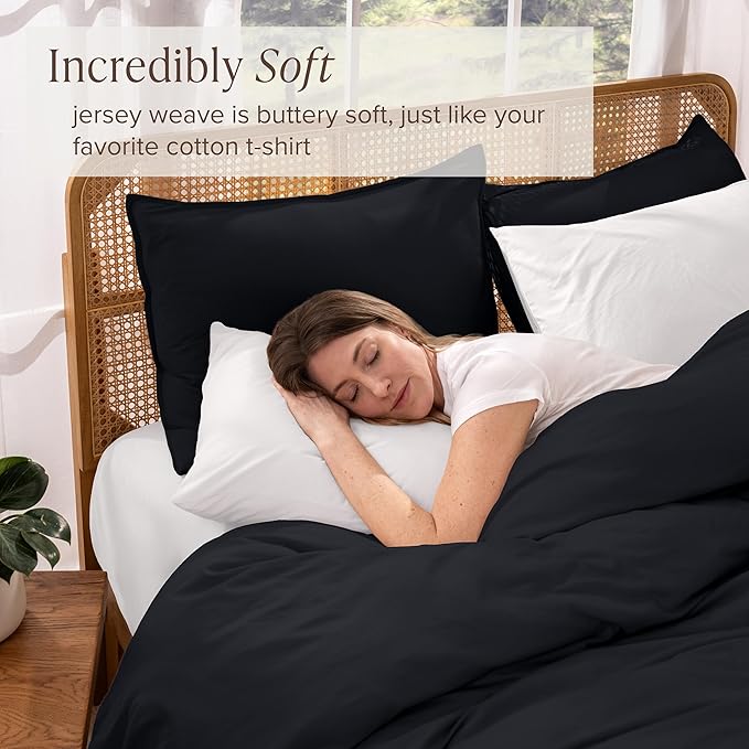 Bare Home 100% Organic Cotton Jersey Duvet Cover Set - Full/Queen Size - Ultra Soft - 100% Cotton - 3pcs - Corner Ties - Button Closure - Bedding Duvet Cover & Pillow Shams (Full/Queen, Black)