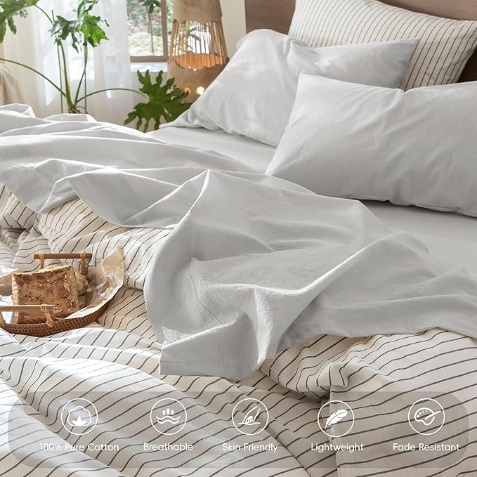 MooMee Bedding Sheet Set 100% Washed Cotton Linen Like Textured Breathable Durable Soft Comfy (Solid Light Blueish Grey, King)