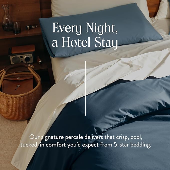 Brooklinen Luxury Percale Duvet Cover – 100% Cotton, Cool, Crisp, Extra-Long Corner Ties, Button Closure, Soft & Breathable – Machine Washable, Duvet Cover Full/Queen Bed Sizes (Abyss)