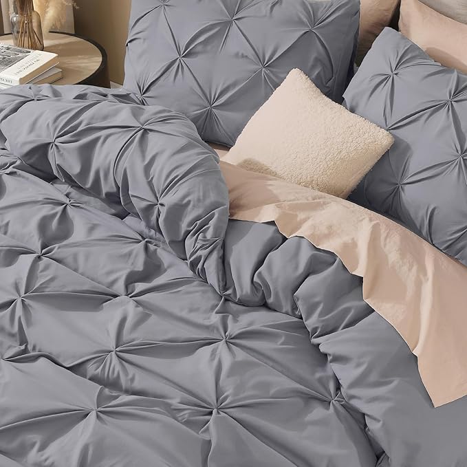 Litanika Dark Grey Oversized Queen Pinch Pleat Duvet Cover, 3 Pieces Pintuck Cover Soft Microfiber Bedding Set with Zipper Closure & Corner Ties(1 Duvet Cover, 2 Pillowcases)