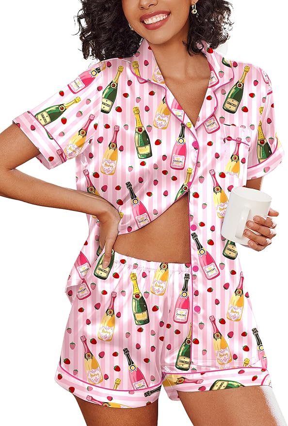 Ekouaer Pajamas for Women Set Silk Satin Pjs Shorts Sleepwear 2 Piece Loungewear S-XXL