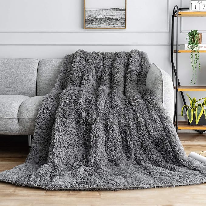 Uttermara Shaggy Faux Fur Weighted Blanket Queen Size, 12 lbs Long Fur Sherpa Soft Fluffy Bed Blanket for Adults, Ultra Cozy Warm Sherpa Throw Full/Queen Size Sofa Bed Blanket, 48 x 72inches, Grey
