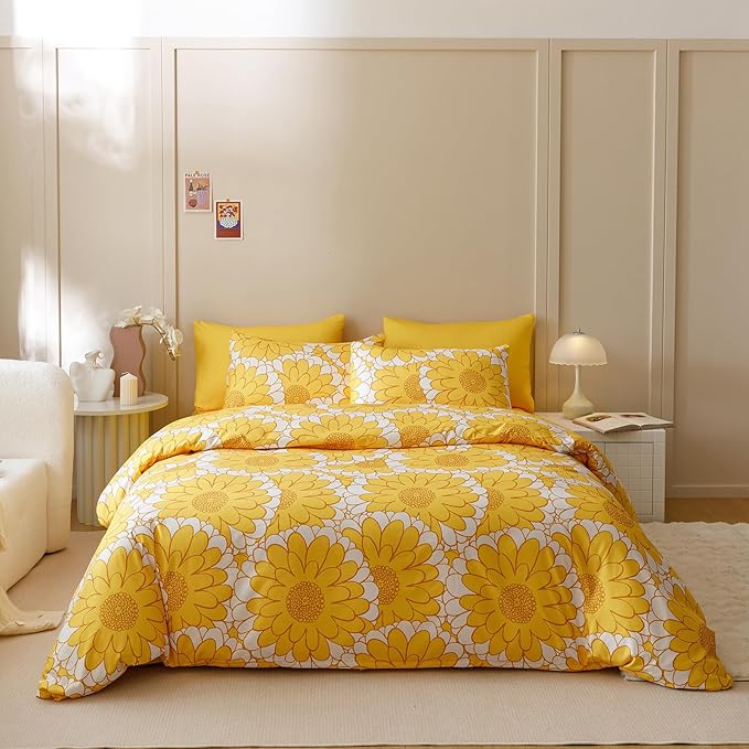 KAREVER Yellow Sunflower Comforter Set Queen Size Yellow Sunflower Bedding Set 3 PCs Comforter Set Queen Size Fluffy Linen Comforter Sets