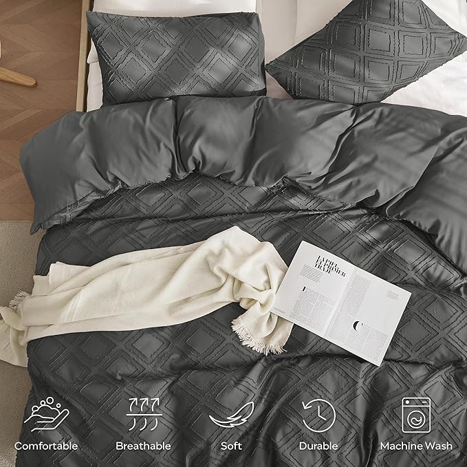 JELLYMONI Duvet Cover Twin Size Dark Grey - 3PCS Boho Duvet Cover Set Plaid Polyester Tufted Bohemian Jacquard Knit Textured Comforter Cover 68×90in Rhombic Geometric Pattern Corner Ties & Zipper