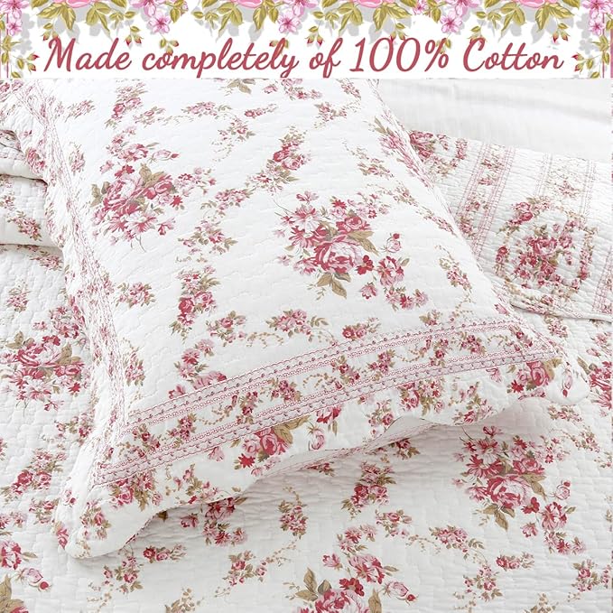 Cozy Line Home Fashions 100% Cotton Quilt Bedding Set, Pink Floral Reversible Coverlet Bedspread (Vintage Rose, Twin - 2 Piece)