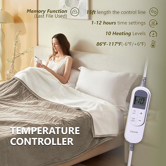 Heat Blanket 50”x60” Throw,Soft Flannel & Sherpa Reversible Electric Blanket with 10 Heat Settings,12 Timer Setting and 3 Hours Auto-Shut Off,ETL Certified Machine Washable,Light Brown
