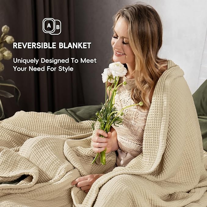 PHF 100% Cotton Waffle & Muslin Throw Blanket Large, Soft Breathable Luxury 400GSM Versatile Reversible Bedding for Couch, Great for Layering in Cold Weather, Home Decor Gift, 50" x 70", French Oak