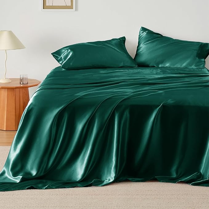Bedsure Satin Sheets Full Size - 4 Piece Silky Bedsheets with 15 Inches Deep Pocket Fitted Bedsheet,1 Flat Sheet, 2 Satin Pillowcases, Good for Hair & Skin (Full, Dark Green)