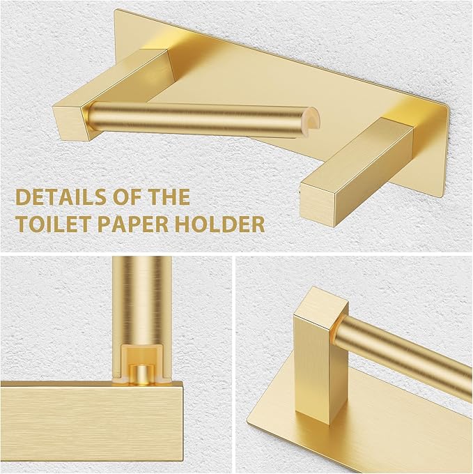 Brushed Gold Self Adhesive Toilet Paper Holder, Stainless Steel Bathroom Toilet Paper Holder Stick On Wall Mount, Commercial Toilet Paper Dispenser Peel and Stick Toilet Paper Holder Adhesive