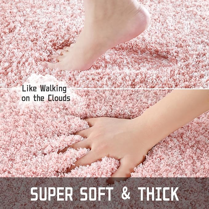 Yimobra Light Pink and White Bathroom Rugs Non Slip Washable, Ultra Soft and Water Absorbent Bath Mats, Plush Fluffy Shower Mat Outside, Microfiber Thick Matts for Bathroom Floor/Sink, 24x17