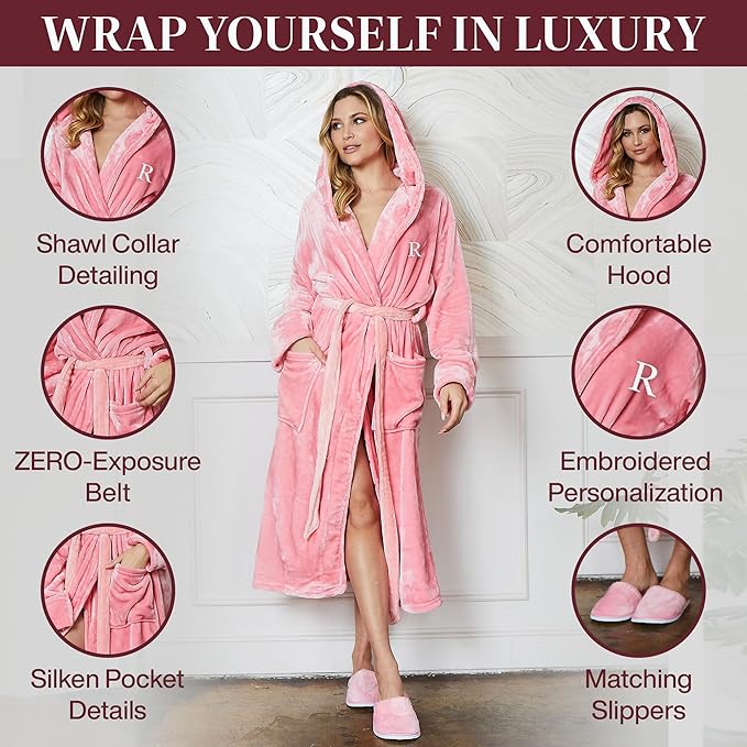 Lotus Linen Plush Robes for Women - Soft Bathrobe, Custom Monogram, Warm Fleece Robe with Pockets