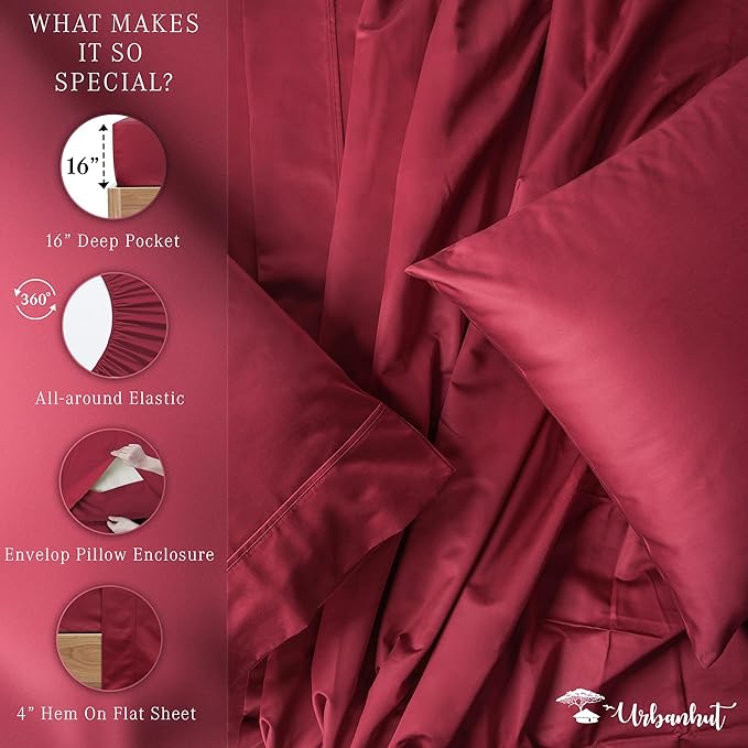 URBANHUT 1000 Thread Count Twin Bed Sheets Egyptian Cotton Sheet Set, Long Staple Soft & Breathable, 3 Pc Bed Sheet Sets, Luxury Hotel Sateen Sheets Fits 16" Deep Pocket - Burgundy