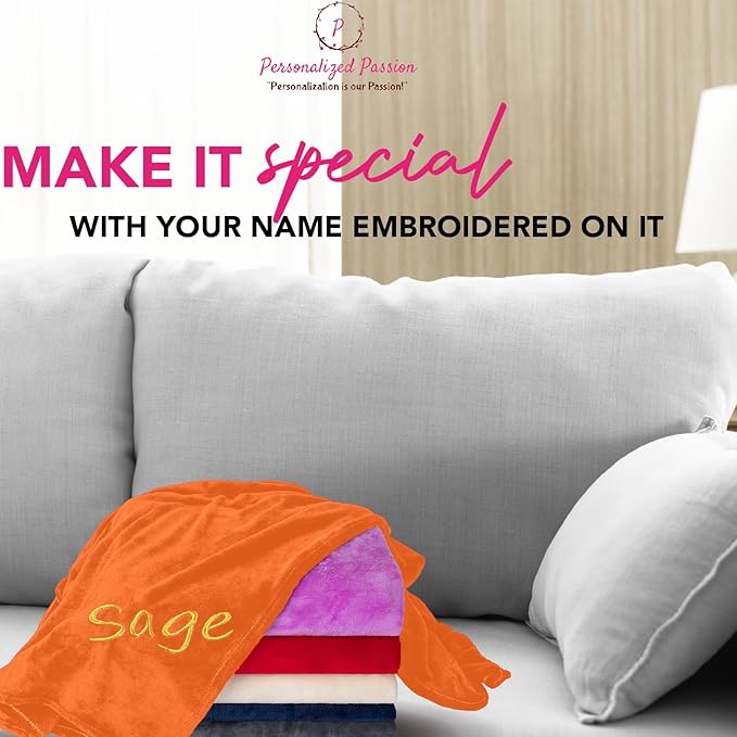 Personalized Blankets for Adults - Custom Blanket with Embroidered Name or Monogram - Soft Fleece Throw Cover for Bed & Couch - Orange (40"x60")