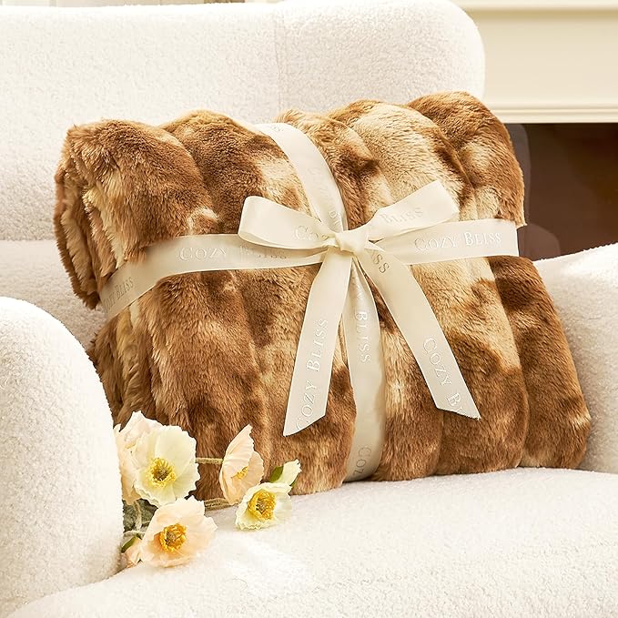 Cozy Bliss Faux Fur Throw Blanket for Couch, Fuzzy Soft Plush Thick Striped Blanket for Sofa Bedroom Living Room, 60 * 80 Inches Tie-dye Brown
