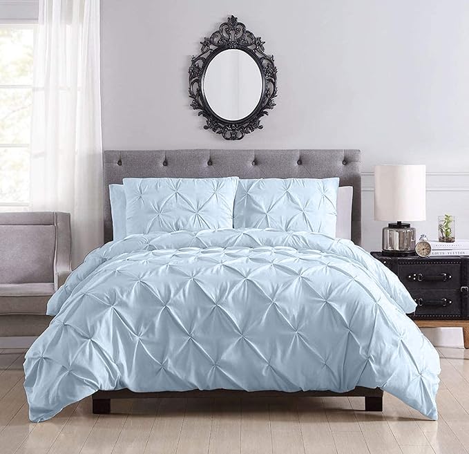 Pinch Pleated Duvet Cover Set 100% Cotton 3PC Super King Plus Size 120x120 Duvet Cover Set, Decorative Pinch Design Sky Blue Duvet Cover with Matching Pillow Case