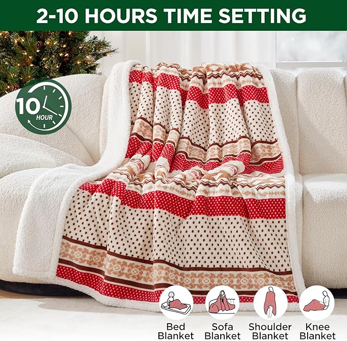 Westinghouse Christmas Heated Throw Blanket, Super Soft Flannel to Sherpa Electric Throw with 6 Heating Levels & 2-10 Hours Auto Off, Fast Heating & Overheat Protection, 50x60 Inch