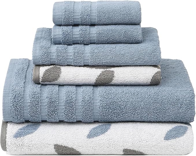 Modern Threads Organic Vines 6-Piece 100% Cotton Towel Set – Yarn Dyed Jacquard & Solid – Includes 2 Bath Towels, 2 Hand Towels, 2 Washcloths – Absorbent, Quick Dry, Soft & Durable – Blue