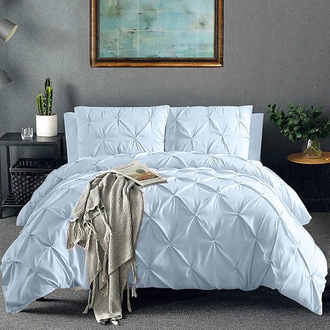 Pinch Pleated Duvet Cover Set 100% Cotton 3PC Super King Plus Size 120x120 Duvet Cover Set, Decorative Pinch Design Sky Blue Duvet Cover with Matching Pillow Case