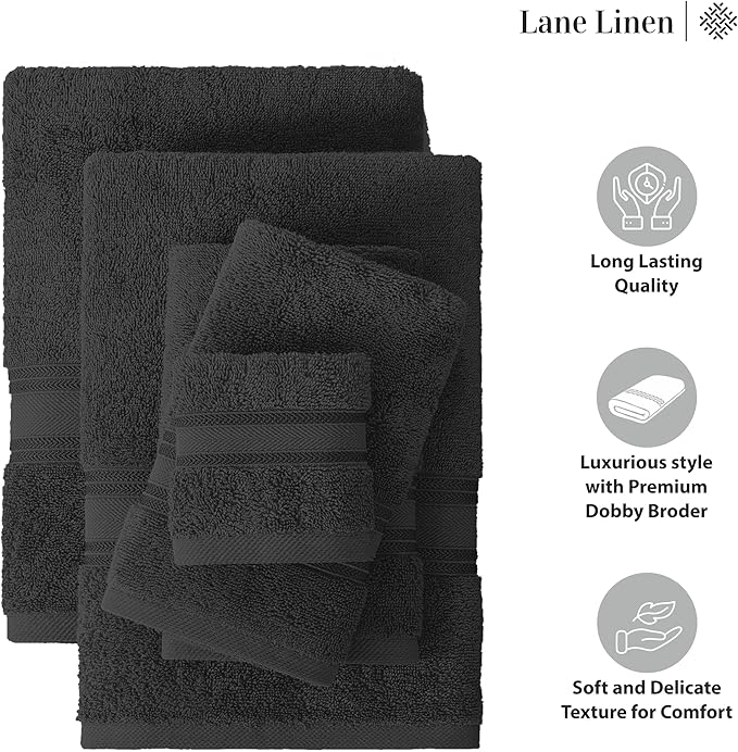 LANE LINEN Luxury Bath Towels Set - 6 Piece Set, 100% Cotton Bathroom Towels, Zero Twist, Quick Dry Shower Towels, Absorbent Bath Towel, Super Soft, 2 Bath Towels, 2 Hand Towels, 2 Wash Cloths - Black