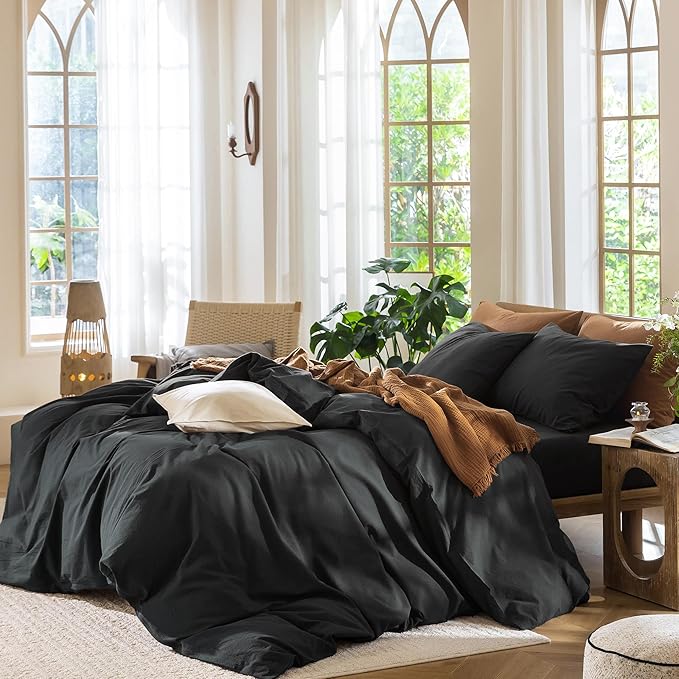 MooMee Bedding Duvet Cover Set 100% Washed Cotton Linen Like Textured Breathable Durable Soft Comfy (Solid Black, Super King Plus 120"x120")