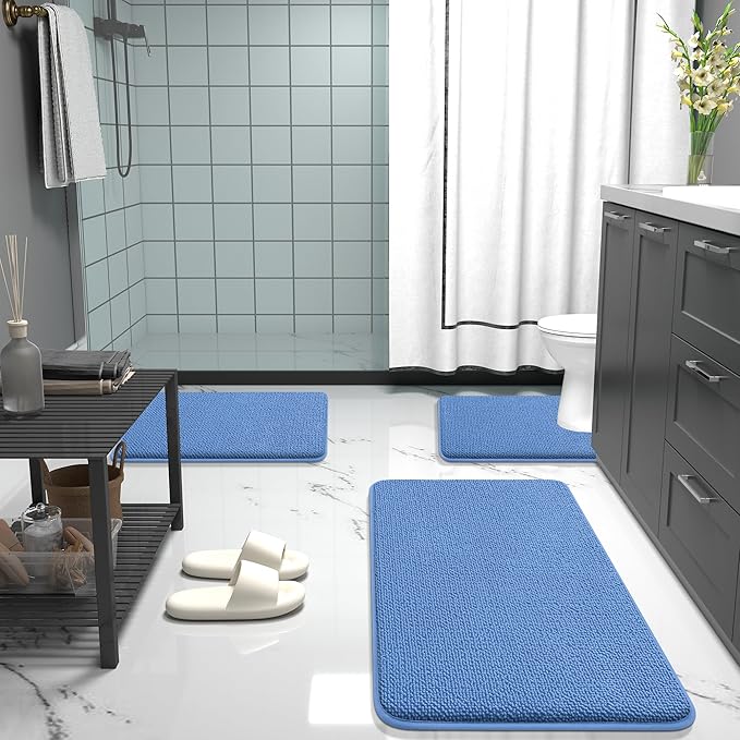 OLANLY Thick Memory Foam Bath Mat Rug 44x24, Extra Soft Absorbent Bathroom Rug, Quick Dry Bath Mat, Non-Slip, Machine Washable Carpet for Floor, Tub and Shower, Home Decor Accessories, Cornflower Blue