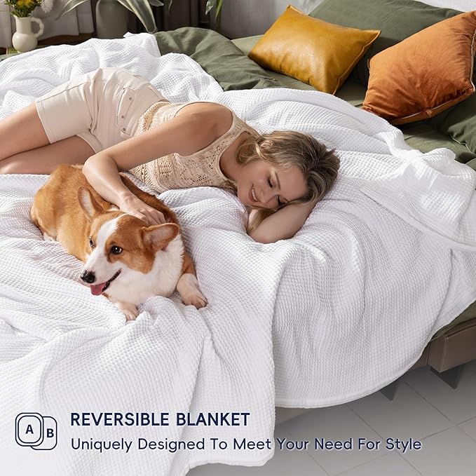 PHF 100% Cotton Waffle & Muslin Blanket King Size, Soft Breathable Luxury 400GSM Versatile Reversible Bedding for Bed, Great for Layering in Cold Weather, Home Decor Gift, 104" x 90", White