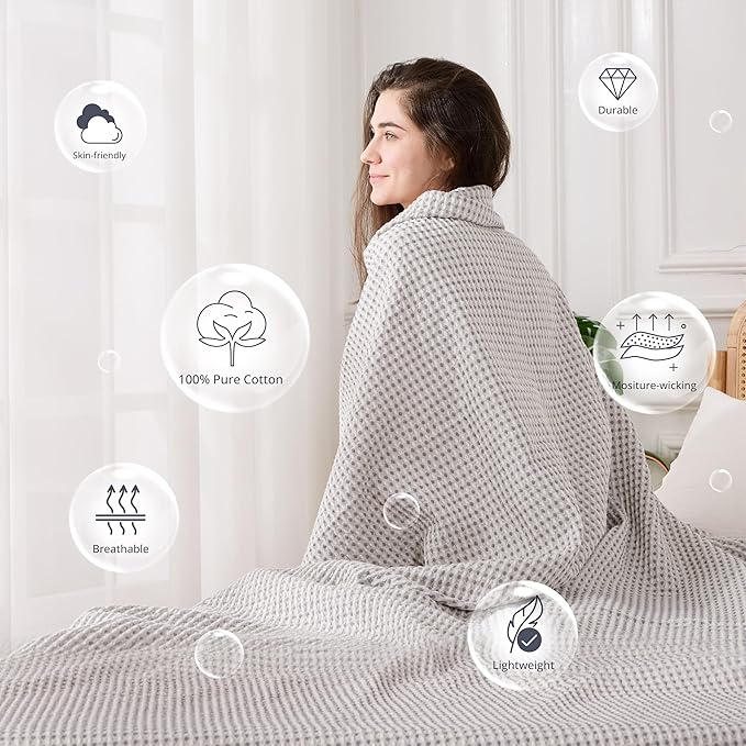 EGOHOME 100% Cotton Queen Size Blankets for Bed,Soft Jacquard Waffle Weave Blanket,Lightweight and Breathable Unique Dual-Tone Texture Cotton Blanket for All Seasons-Sleet Grey,90 x 90 Inches