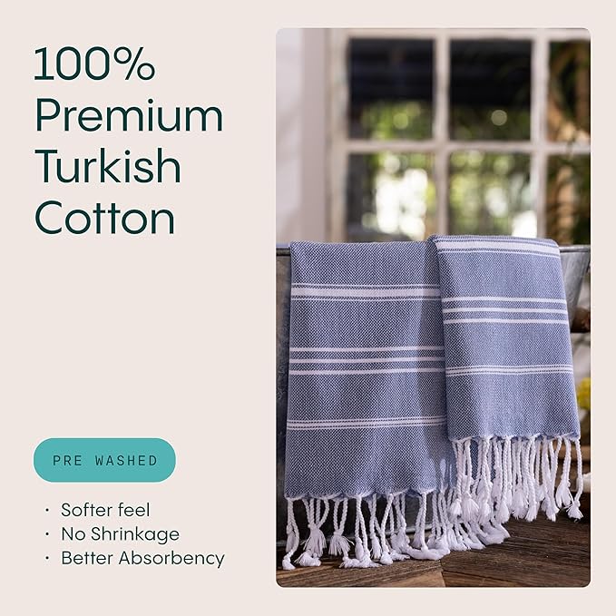 WETCAT Turkish Hand Towels with Hanging Loop, Set of 2 (20" x 30") 100% Turkish Cotton, Pre-Washed, Quick Drying, for Kitchen or Bathroom - Denim Blue