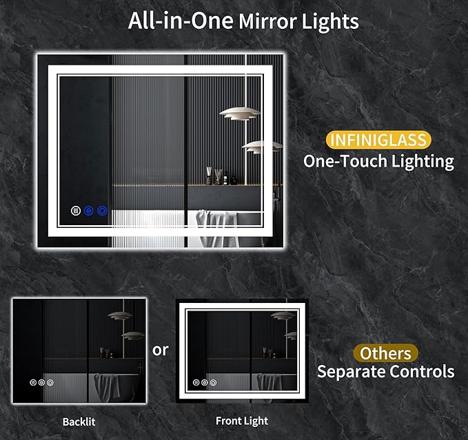 55"x30" LED Bathroom Mirror with Anti-Fog, Stepless Dimmable Lights, 3 Color Modes, Shatter-Proof Tempered Glass, Memory Function & Waterproof Design