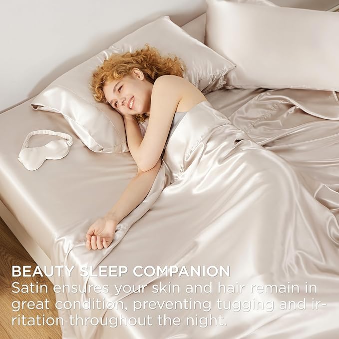 Bedsure Satin Sheets Full Size - 4 Piece Silky Bedsheets with 15 Inches Deep Pocket Fitted Bedsheet,1 Flat Sheet, 2 Satin Pillowcases, Good for Hair & Skin (Full, Beige)