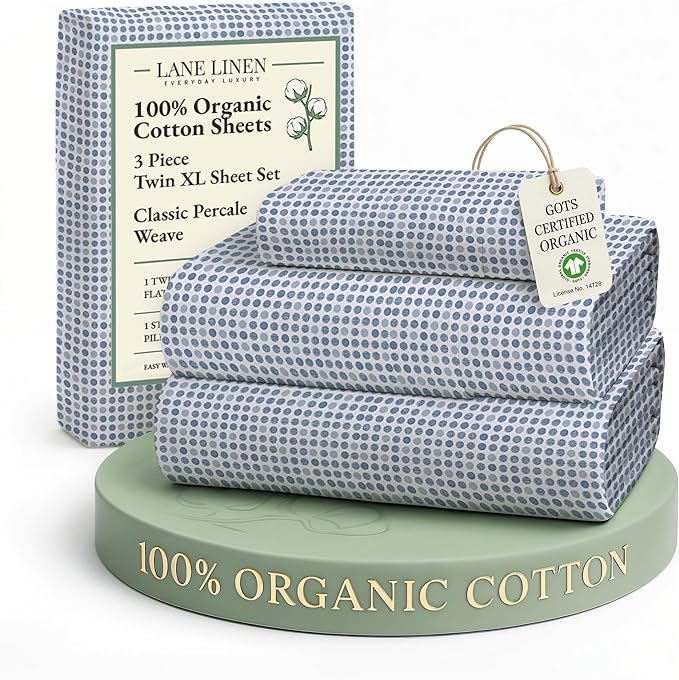 LANE LINEN 100% Organic Cotton Pre Washed Extra Long Twin Sheets Low Pill Fade Resistant Macine Wash Naturally Temperature Regulating Printed Cotton Sheets Twin XL Bed Sheets- Polka Dot Blue
