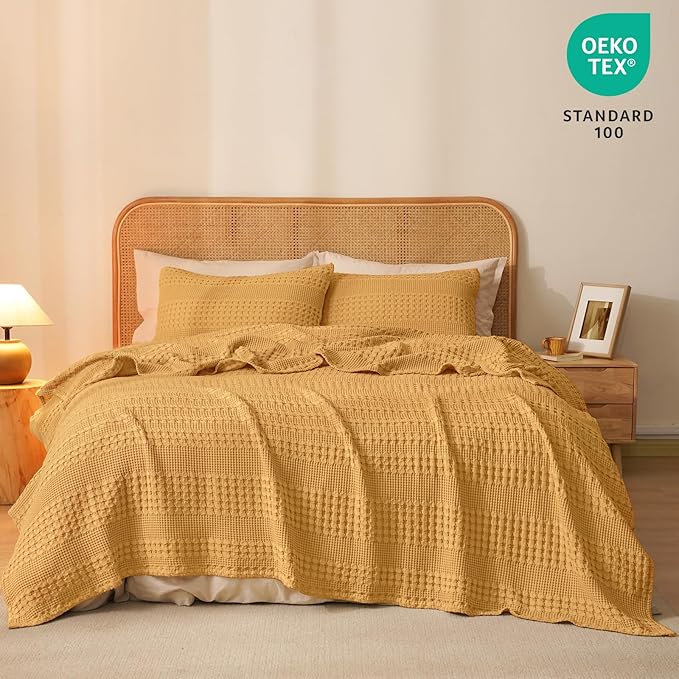 PHF 100% Cotton Waffle Weave Blanket King Size for Bed, Soft Lightweight & Breathable, All-Season Comfort, Luxury Aesthetic Woven Bedding for Home Decor, 108"x90", Pumpkin Orange