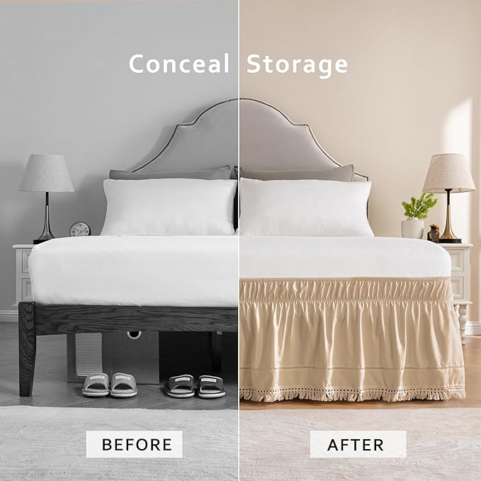 MIYE Wrap Around Ruffled Lace Bed Skirt, Elastic Dust Ruffle with Adjustable Belts, Easy to Put On, Bed Frame Cover, Machine Washable (Tassel Ruffle/Beige, Full/Twin-12.5" Drop)