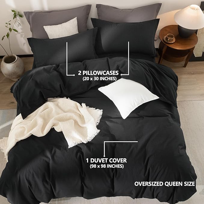 Black Duvet Cover Oversize Queen Size 100% Washed Cotton Bedding Set Cover 1 Duvet Cover with Zipper Closure and 2 Pillowcases, 98inch x 98inch