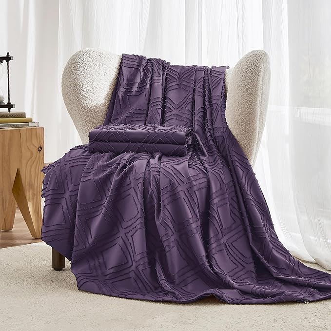 JELLYMONI Duvet Cover Twin Size Purple - 3PCS Boho Duvet Cover Set Plaid Polyester Tufted Bohemian Jacquard Knit Textured Comforter Cover 68×90in Rhombic Geometric Pattern Corner Ties & Zipper
